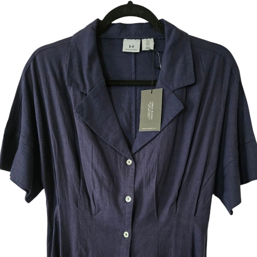 H by Halston Navy Linen‎ Blend Midi Shirt Dress Button Front Summer Classic - Picture 2 of 7